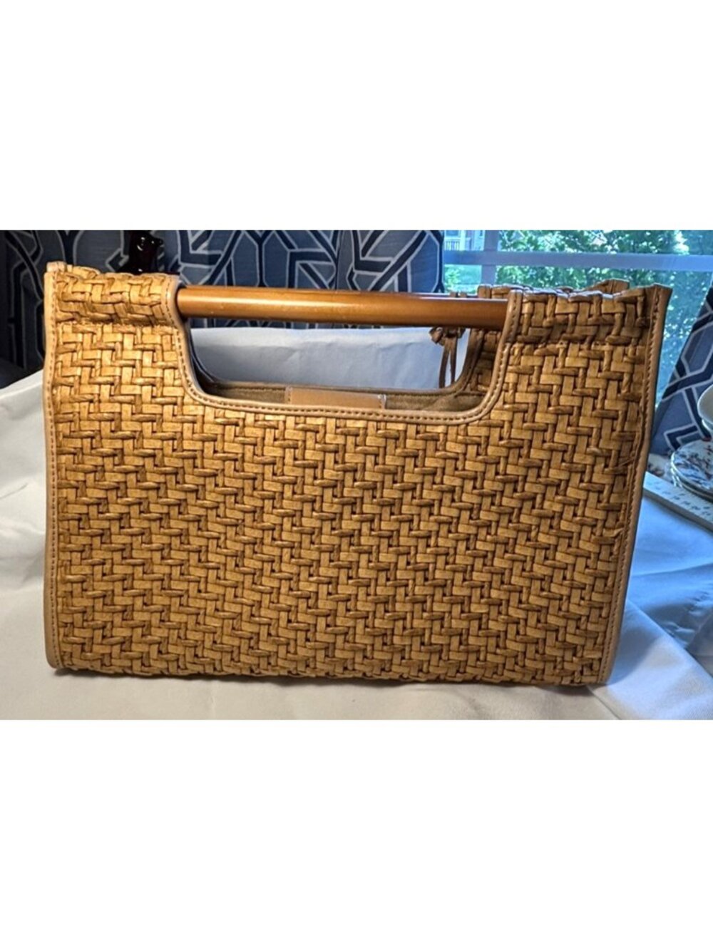 Fossil Basketweave Wood Handle Clutch Vintage Bag